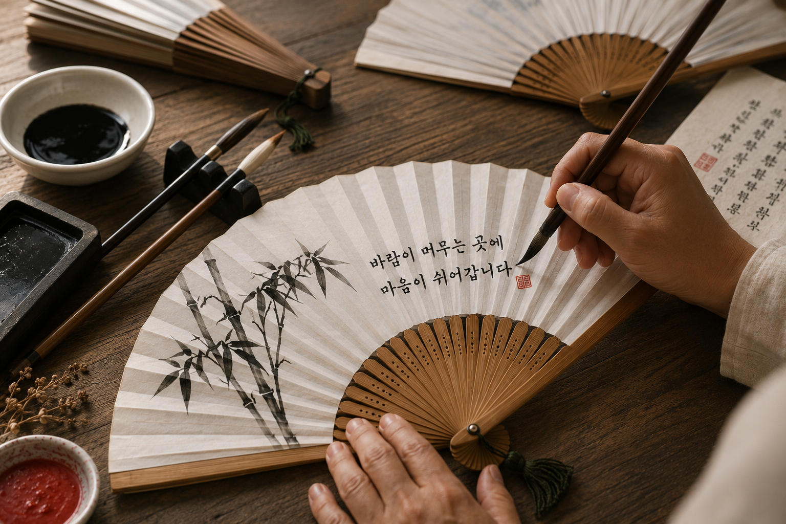 부채 위의 서예와 문인화 작품